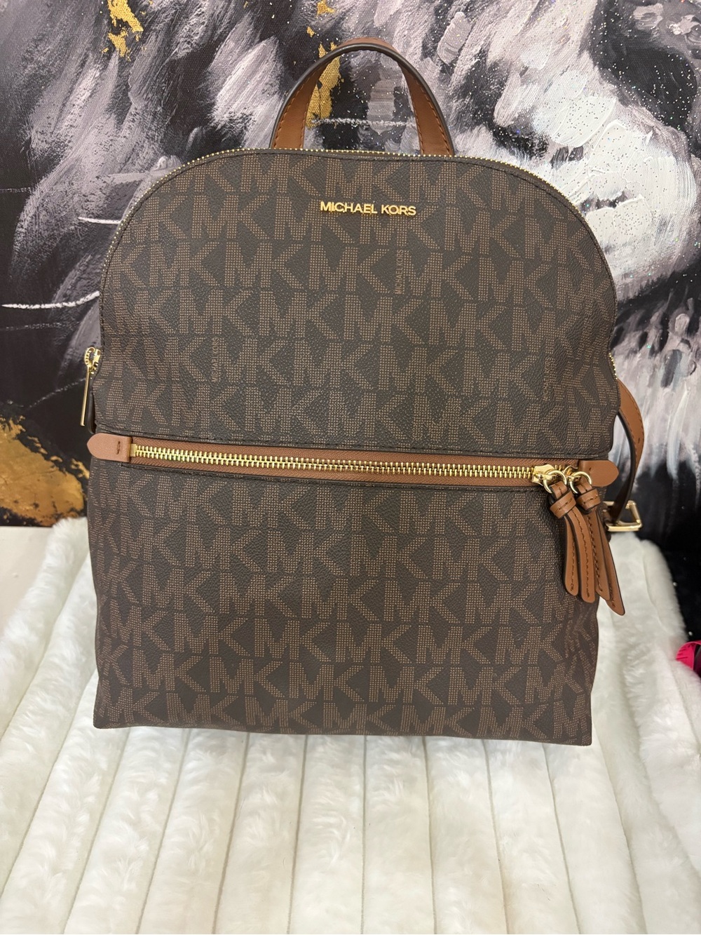 Michael Kors Brown MK Monogram Backpack with Gold Hardware